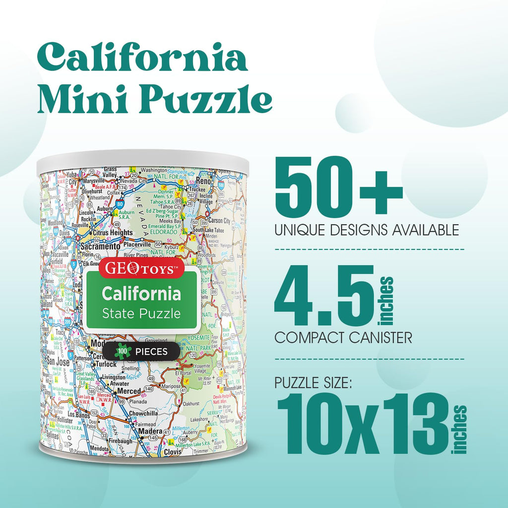 Geotoys California Mini State Puzzle – 100 Piece Travel Jigsaw in Portable Can