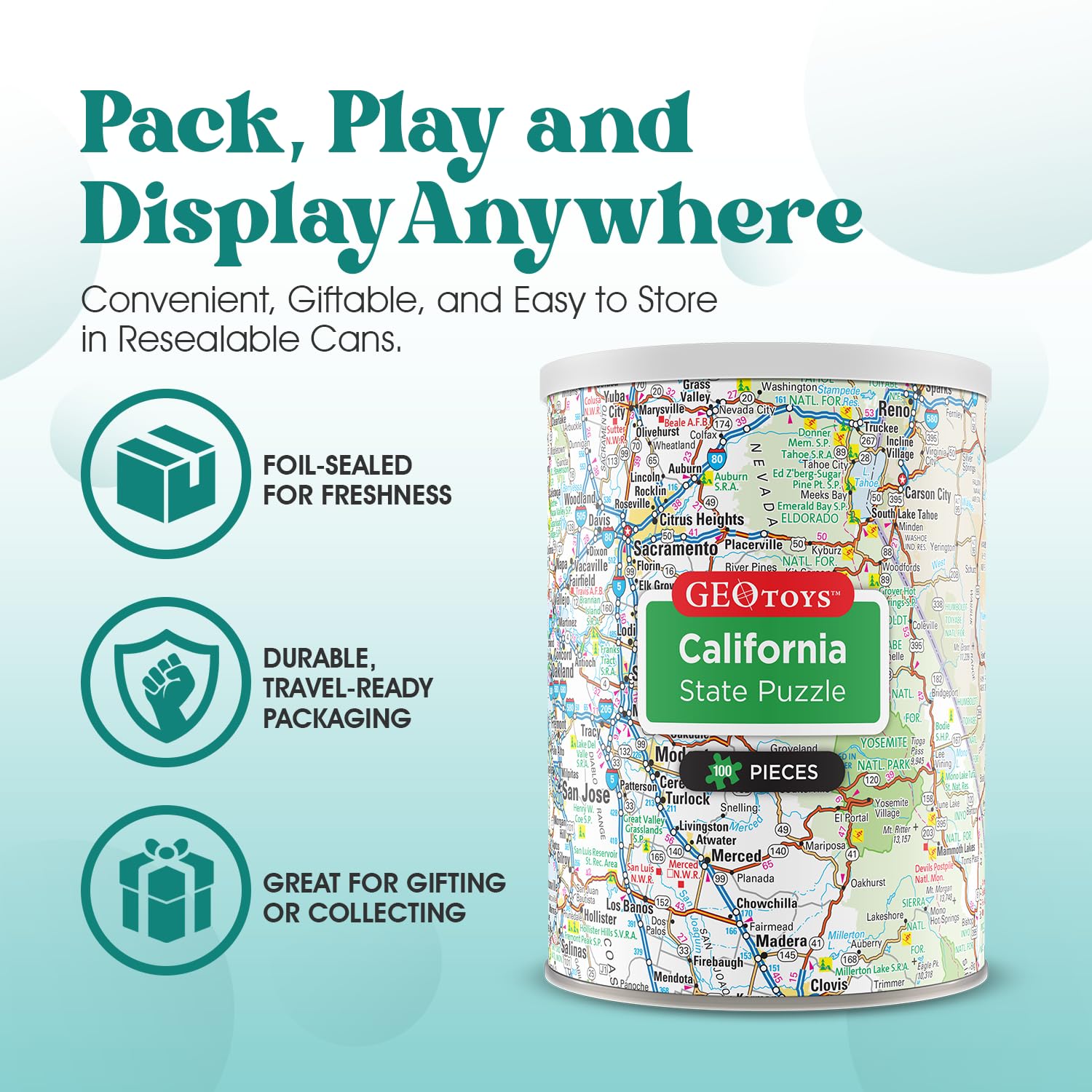 Geotoys California Mini State Puzzle – 100 Piece Travel Jigsaw in Portable Can