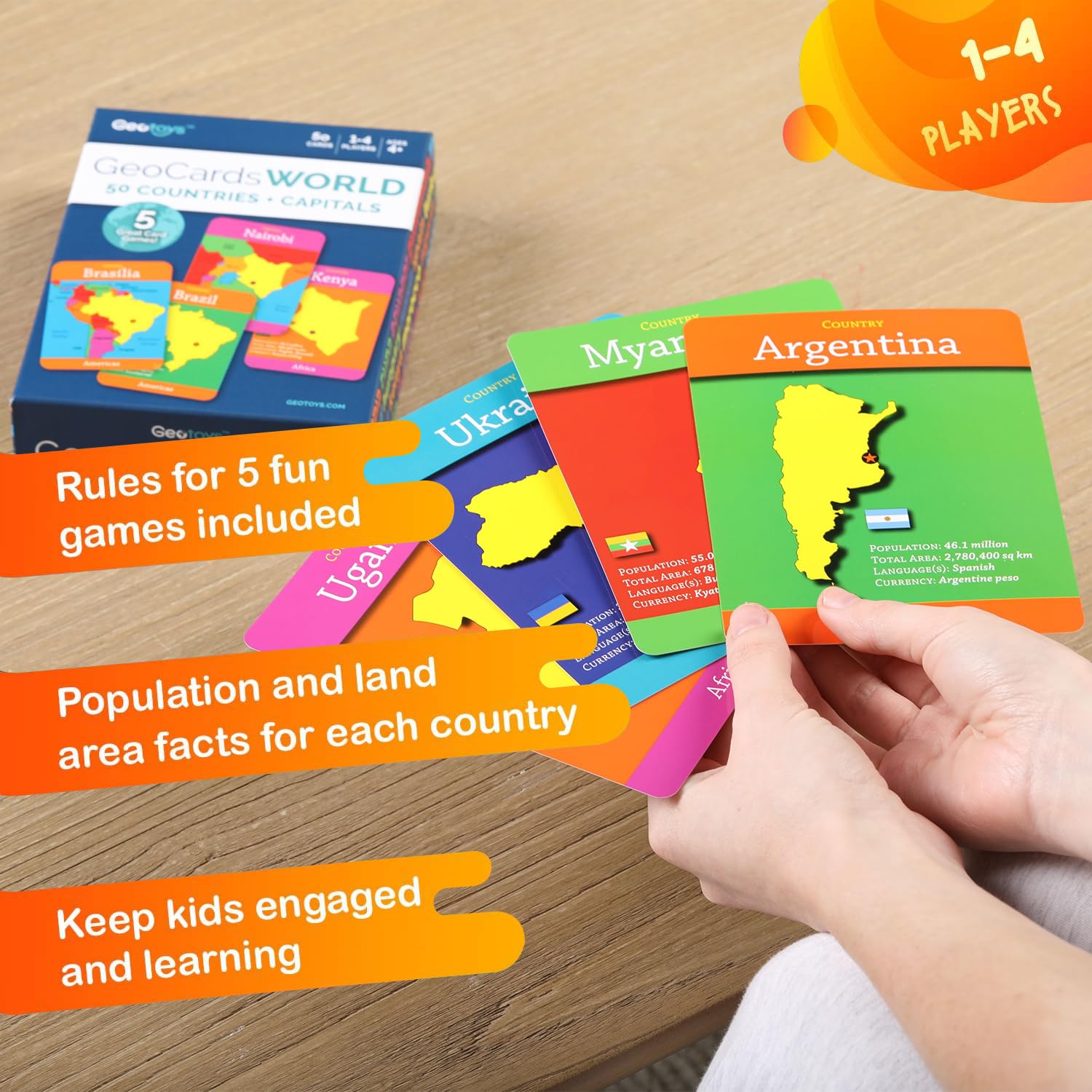 GeoToys GeoCards World: 50 Jumbo Geography Flash Cards with 5 Games for Kids Ages 4+