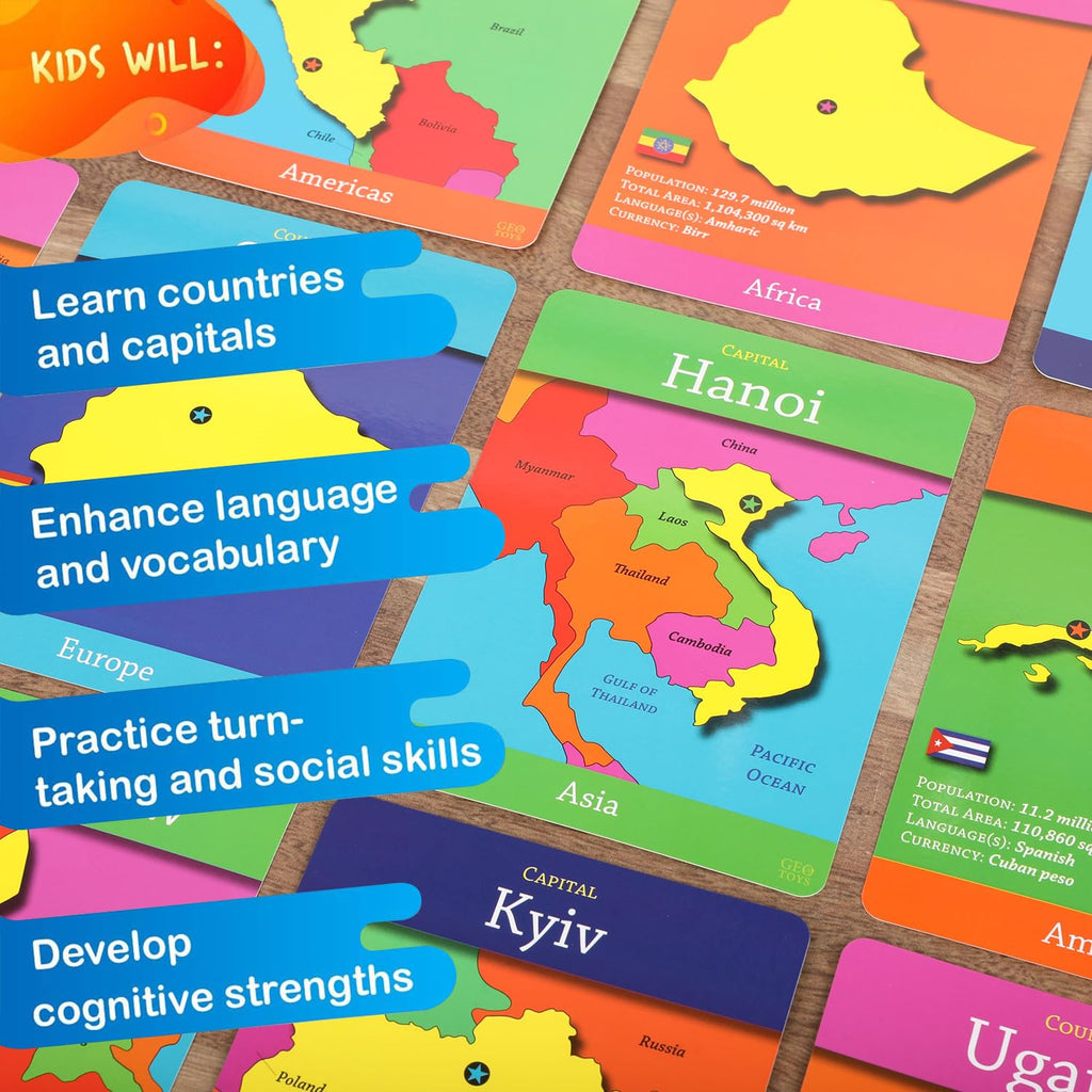 GeoToys GeoCards World: 50 Jumbo Geography Flash Cards with 5 Games for Kids Ages 4+