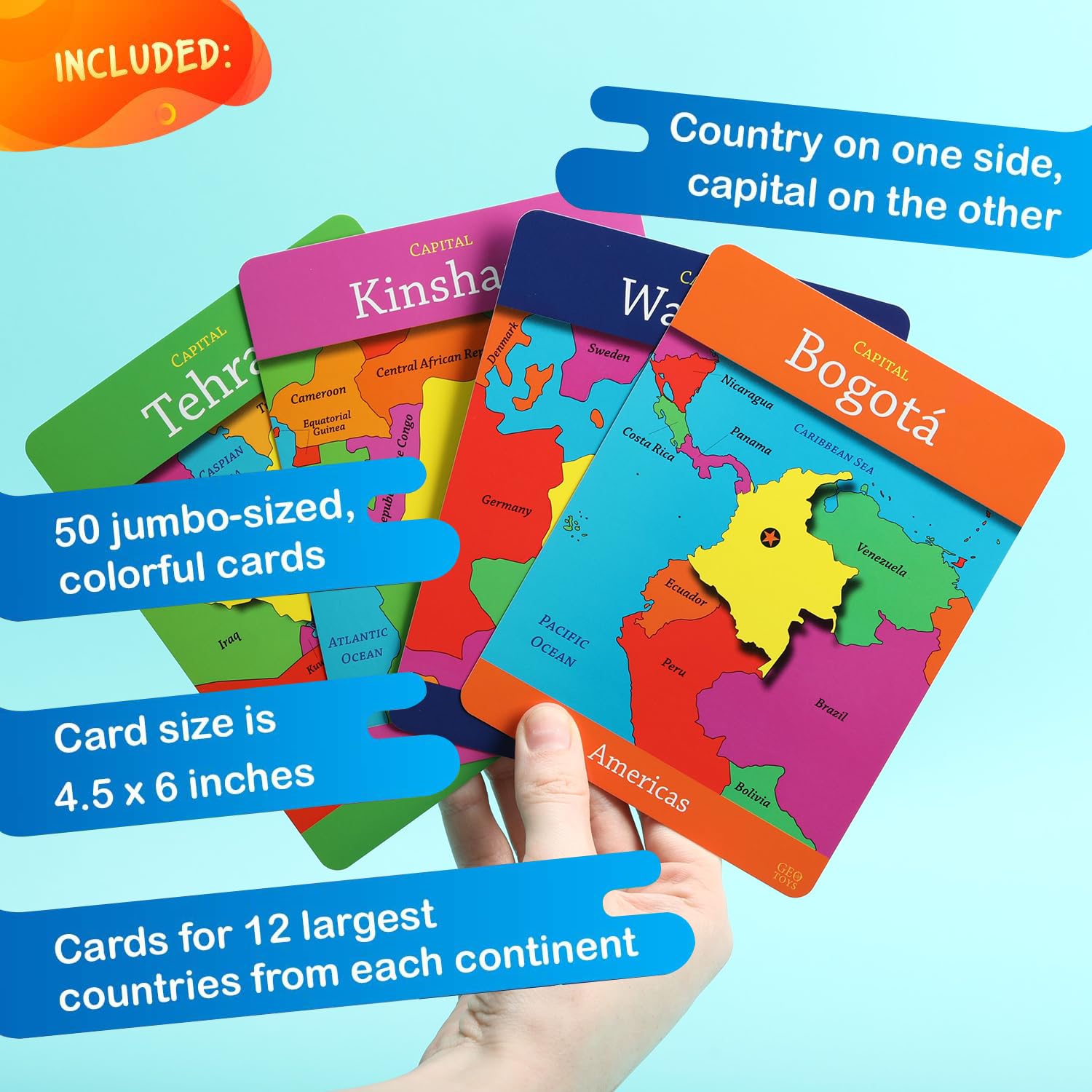 GeoToys GeoCards World: 50 Jumbo Geography Flash Cards with 5 Games for Kids Ages 4+