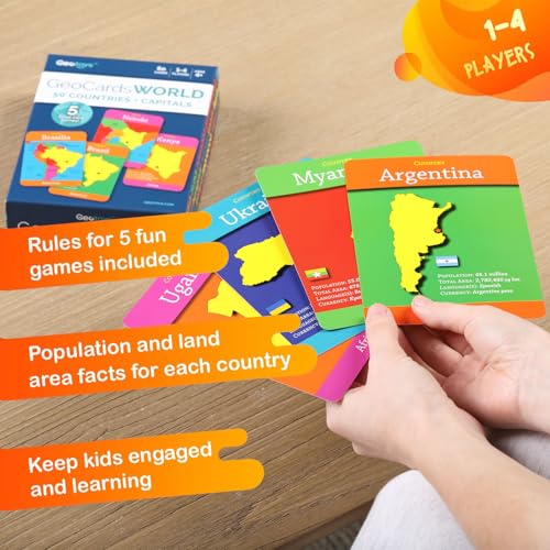 GeoToys GeoCards World: 50 Jumbo Geography Flash Cards with 5 Games for Kids Ages 4+