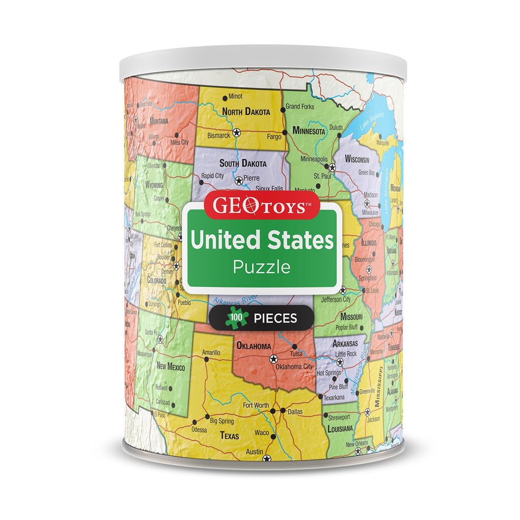 Geotoys United States Mini Puzzle – 100 Piece Jigsaw in Portable Can, 13x10 Inch Educational Map Puzzle for Ages 7+