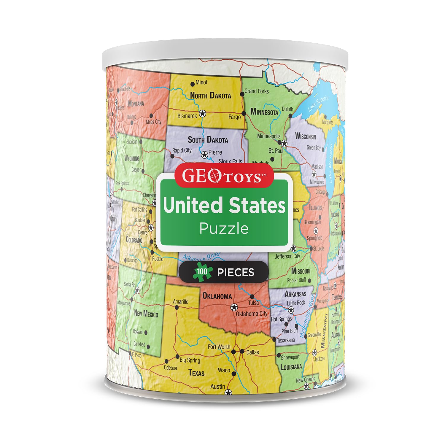 Geotoys United States Mini Puzzle – 100 Piece Jigsaw in Portable Can, 13x10 Inch Educational Map Puzzle for Ages 7+
