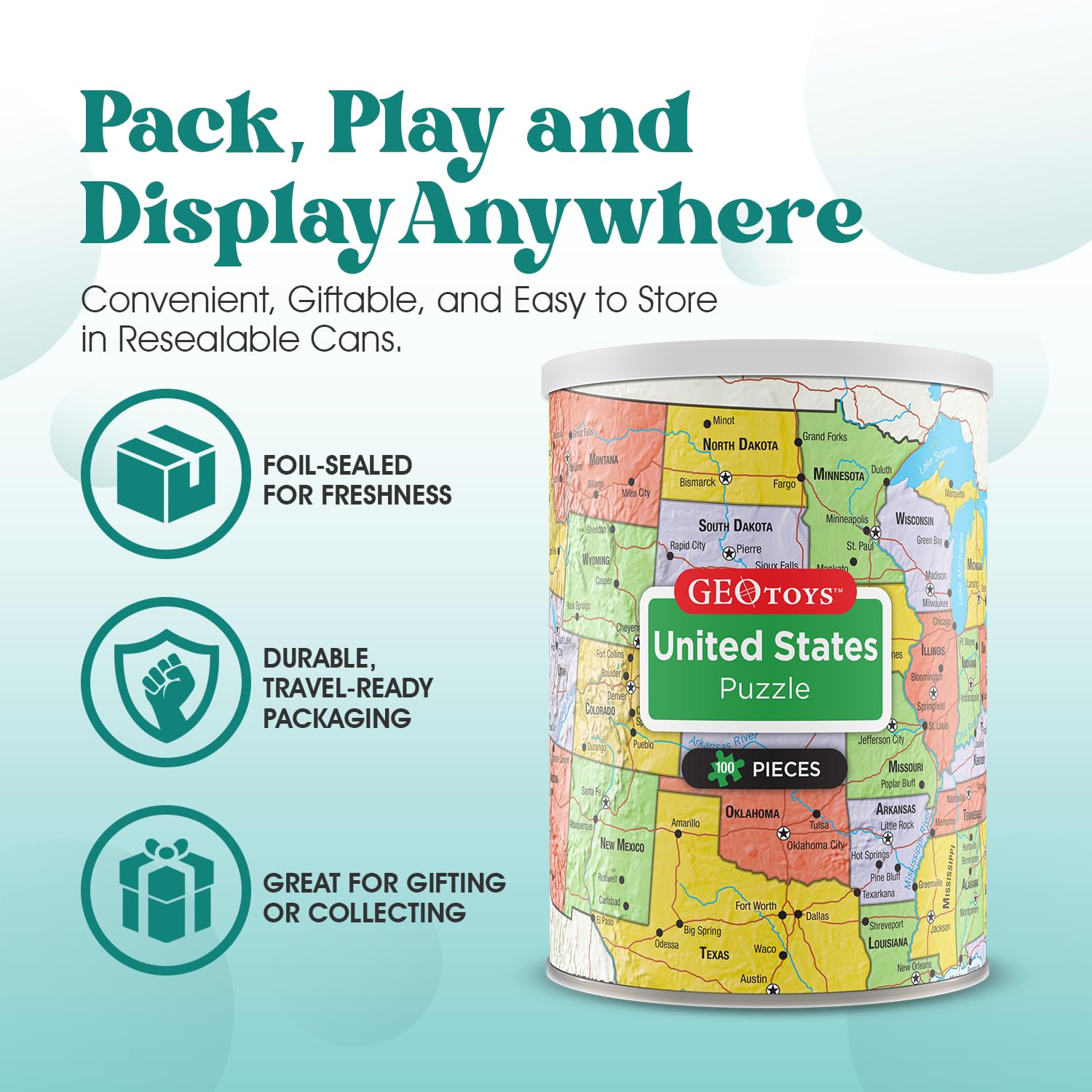 Geotoys United States Mini Puzzle – 100 Piece Jigsaw in Portable Can, 13x10 Inch Educational Map Puzzle for Ages 7+