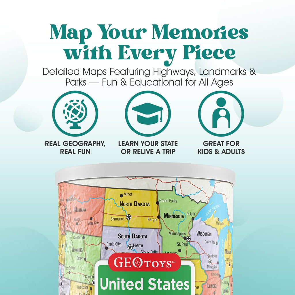 Geotoys United States Mini Puzzle – 100 Piece Jigsaw in Portable Can, 13x10 Inch Educational Map Puzzle for Ages 7+