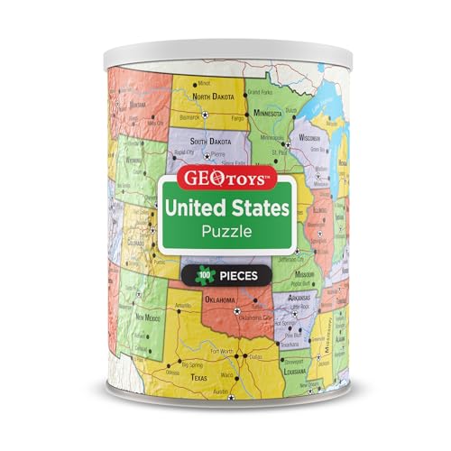 Geotoys United States Mini Puzzle – 100 Piece Jigsaw in Portable Can, 13x10 Inch Educational Map Puzzle for Ages 7+