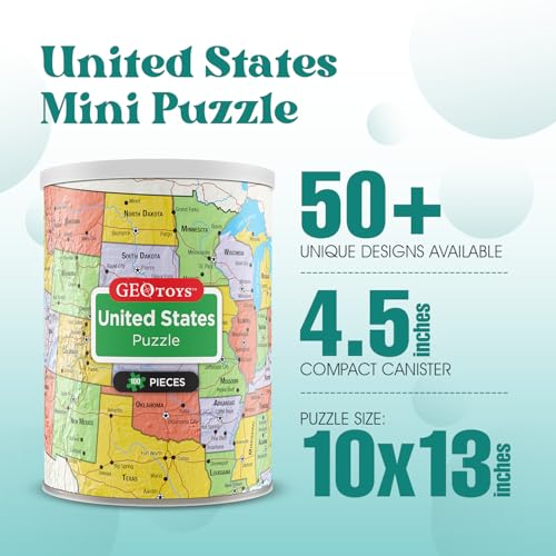 Geotoys United States Mini Puzzle – 100 Piece Jigsaw in Portable Can, 13x10 Inch Educational Map Puzzle for Ages 7+