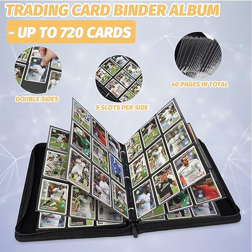 GERMUN 9 Pocket Card Binder - Premium PU Leather Zip Trading Card Album, Holds 720 Cards (Diamond Black)