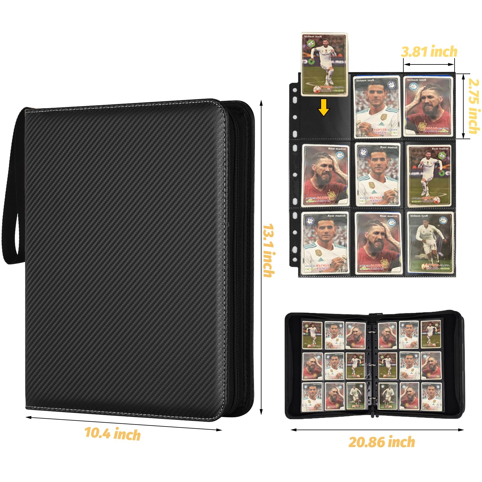 GERMUN 9-Pocket Card Binder – Holds 720 Cards, PU Leather, Zipper Closure, Black