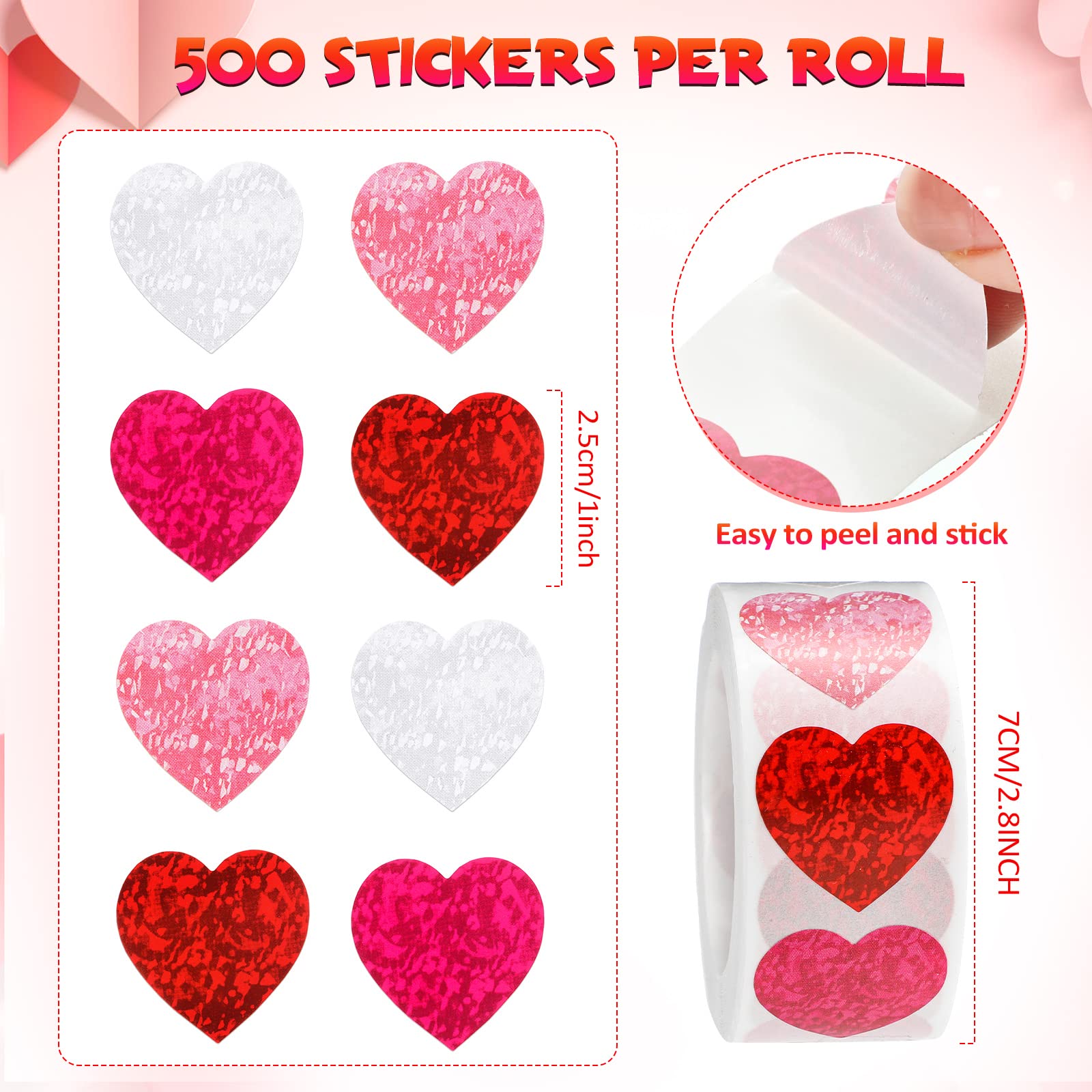 Gersoniel 1000-Pack Bright Color Heart Stickers - Foil Sparkly Decals for Crafts, Gift Wrapping, Valentine's Day