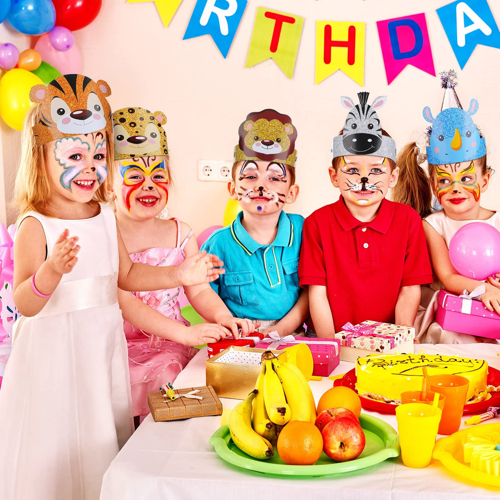 Gersoniel 24-Pack Jungle Animal Party Hats with Matching Ropes – Birthday Crowns for Kids