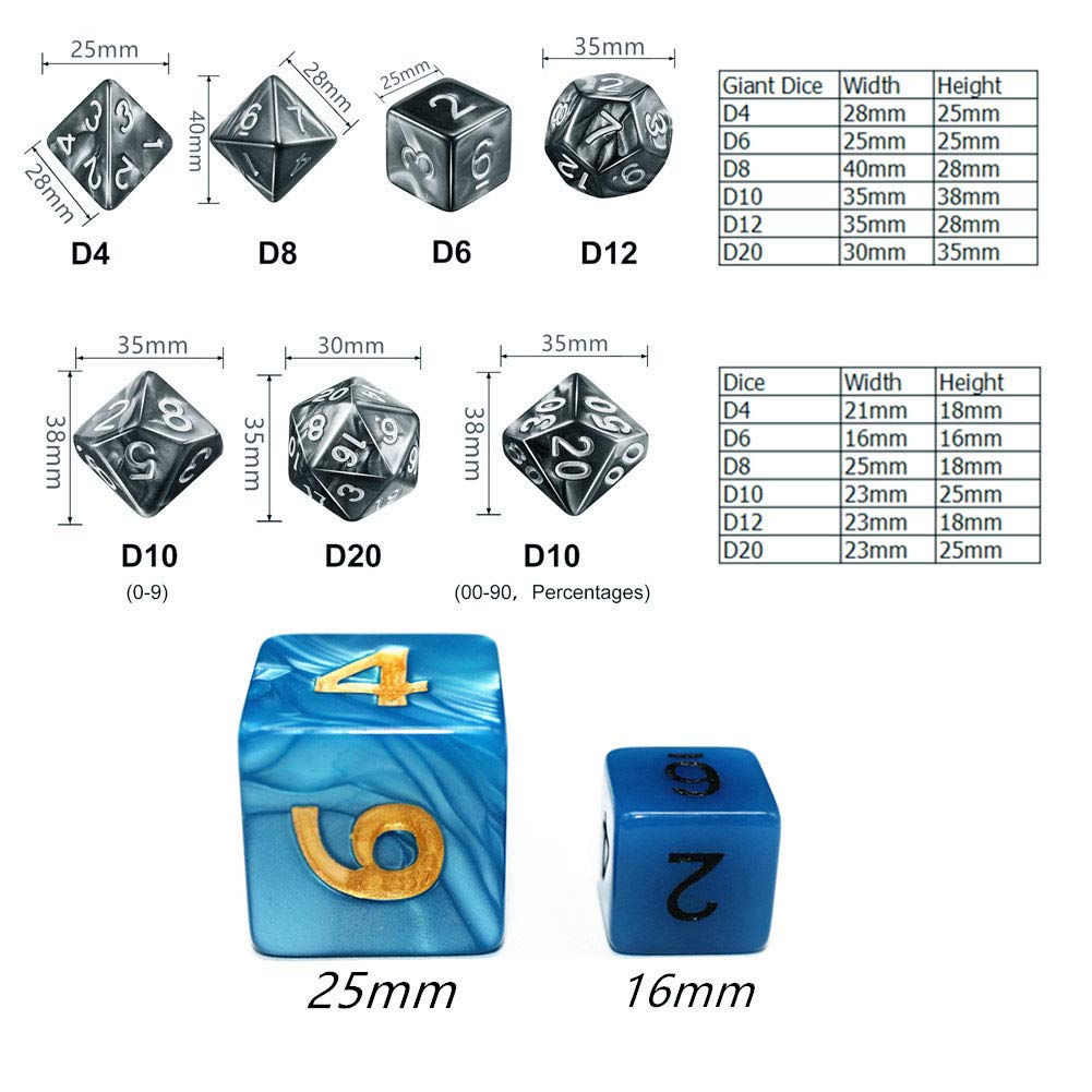 Giant Blue DND Dice Set 25mm Polyhedral with Bag – HD RPG Dice for Dungeons & Dragons, Pathfinder, MTG