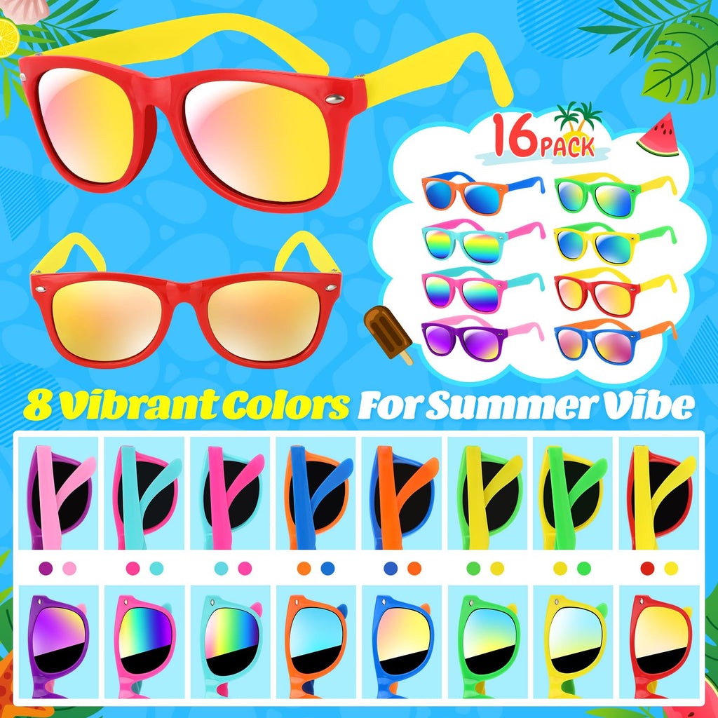 GIFTINBOX 16 Pack Neon Kids Sunglasses Bulk with UV400 Protection for Ages 3-8, Party Favors & Goodie Bag Stuffers