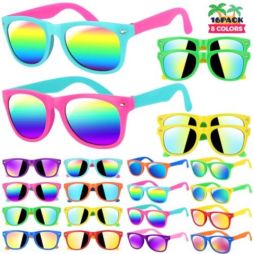 GIFTINBOX 16 Pack Neon Kids Sunglasses Bulk with UV400 Protection for Ages 3-8, Party Favors & Goodie Bag Stuffers