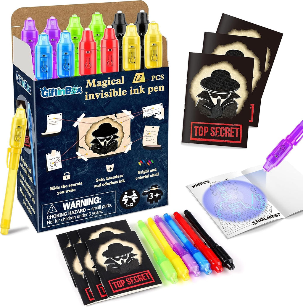 GIFTINBOX Invisible Ink Pens with UV Light – 12 Pack Spy Pens & Notebooks for Kids Secret Messages & Party Favors