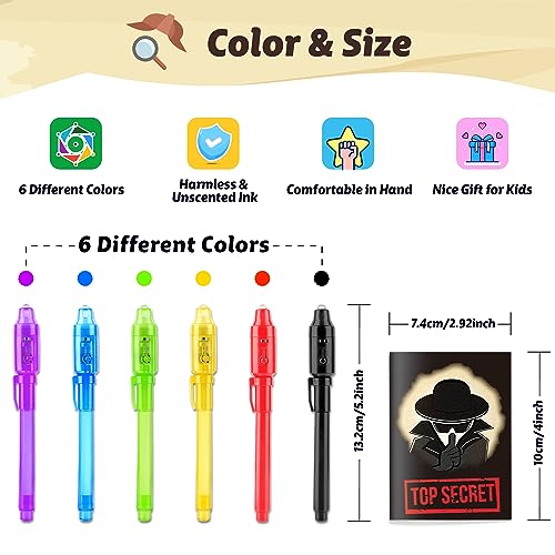 GIFTINBOX Invisible Ink Pens with UV Light – 12 Pack Spy Pens & Notebooks for Kids Secret Messages & Party Favors