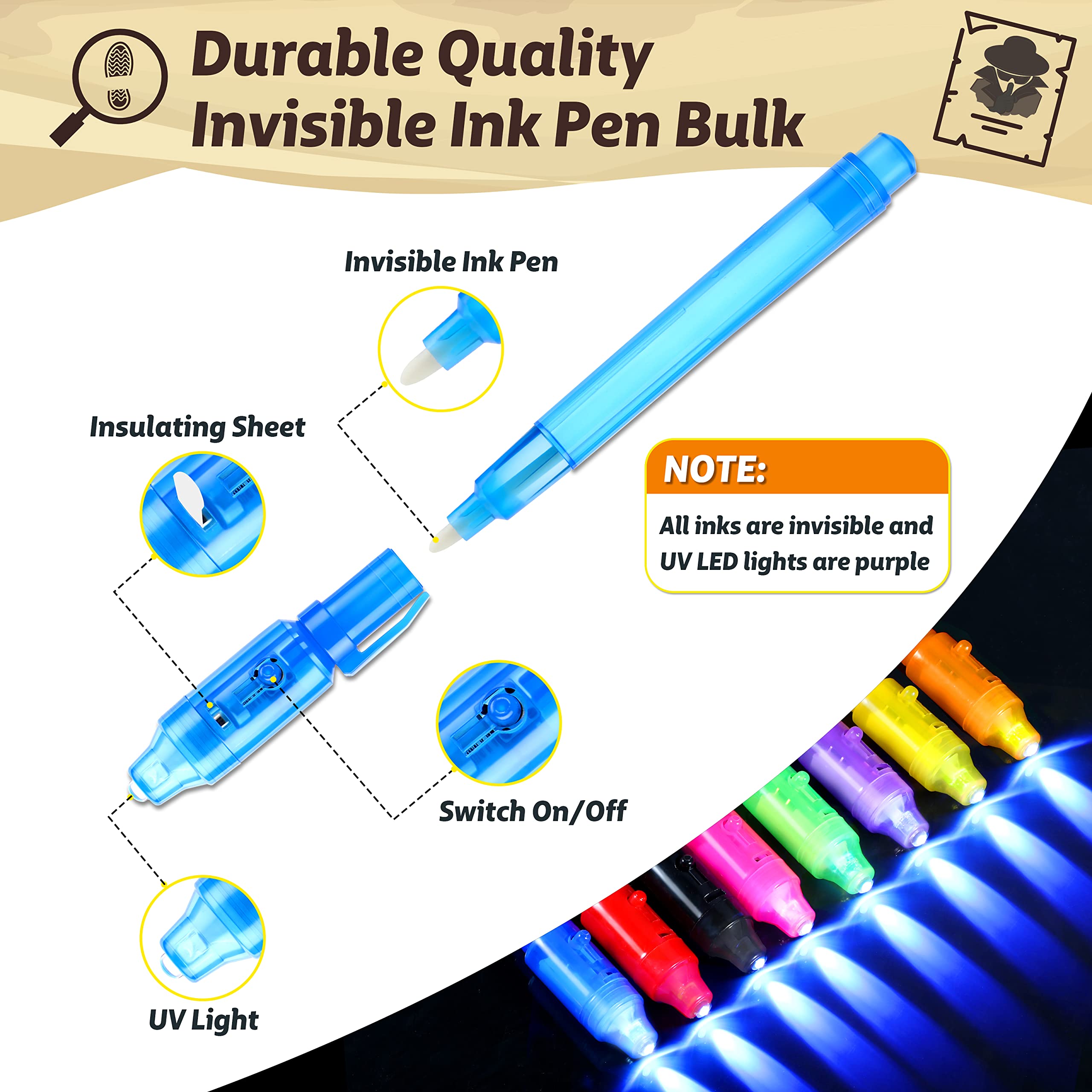 GIFTINBOX Invisible Ink Pens with UV Light – 12 Pack Spy Pens & Notebooks for Kids Secret Messages & Party Favors