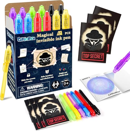 GIFTINBOX Invisible Ink Pens with UV Light – 12 Pack Spy Pens & Notebooks for Kids Secret Messages & Party Favors