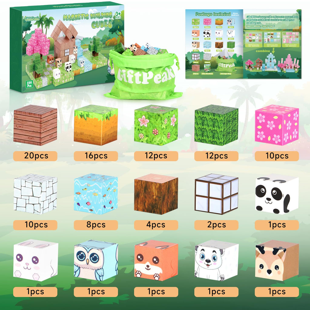 GiftPeak 100-Piece Magnetic Building Blocks – Forest Animal STEM Toy for Ages 3-8