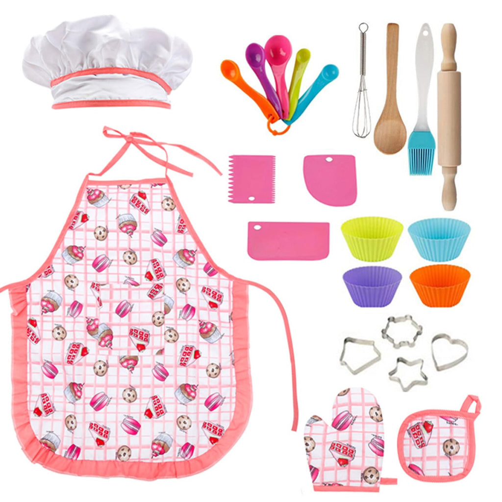 GIFTRRTOY Real Kids Cooking and Baking Set - 24 Piece Chef Role Play Kit with Apron, Hat, Utensils, Cupcake Molds for Toddlers Ages 3+