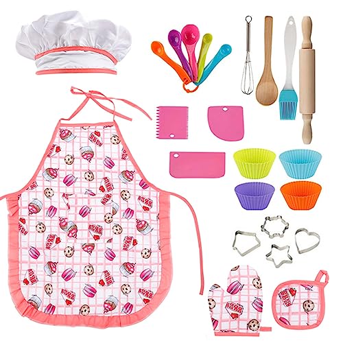 GIFTRRTOY Real Kids Cooking and Baking Set - 24 Piece Chef Role Play Kit with Apron, Hat, Utensils, Cupcake Molds for Toddlers Ages 3+