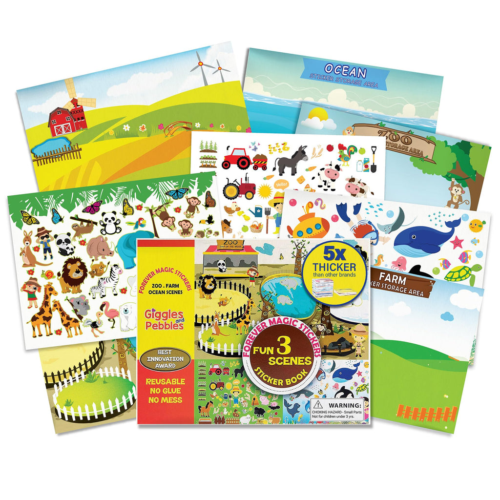 Giggles and Pebbles Magic Sticker Pad Book – Reusable, Washable, 170+ Stickers for Kids Ages 3+