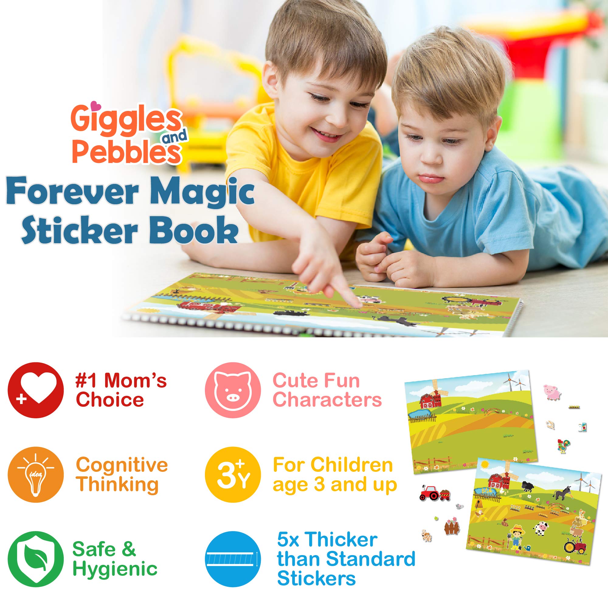 Giggles and Pebbles Magic Sticker Pad Book – Reusable, Washable, 170+ Stickers for Kids Ages 3+