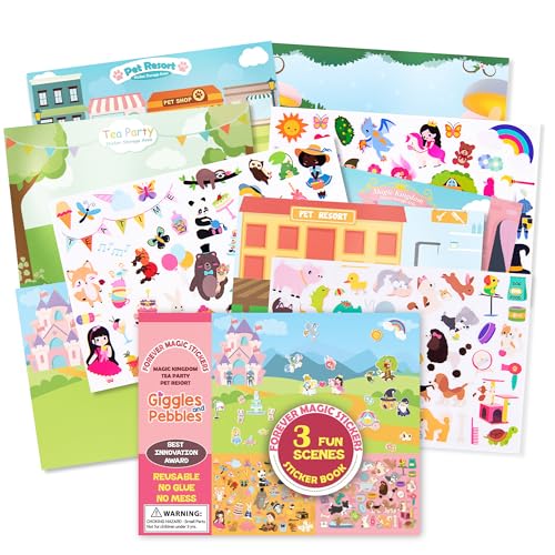 Giggles & Pebbles Magic Sticker Pad Book – 170 Reusable, Washable, Non-Adhesive Stickers for Kids (Magic Kingdom, Tea Party & Pet Resort)
