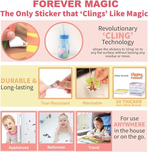 Giggles & Pebbles Magic Sticker Pad Book – 170 Reusable, Washable, Non-Adhesive Stickers for Kids (Magic Kingdom, Tea Party & Pet Resort)