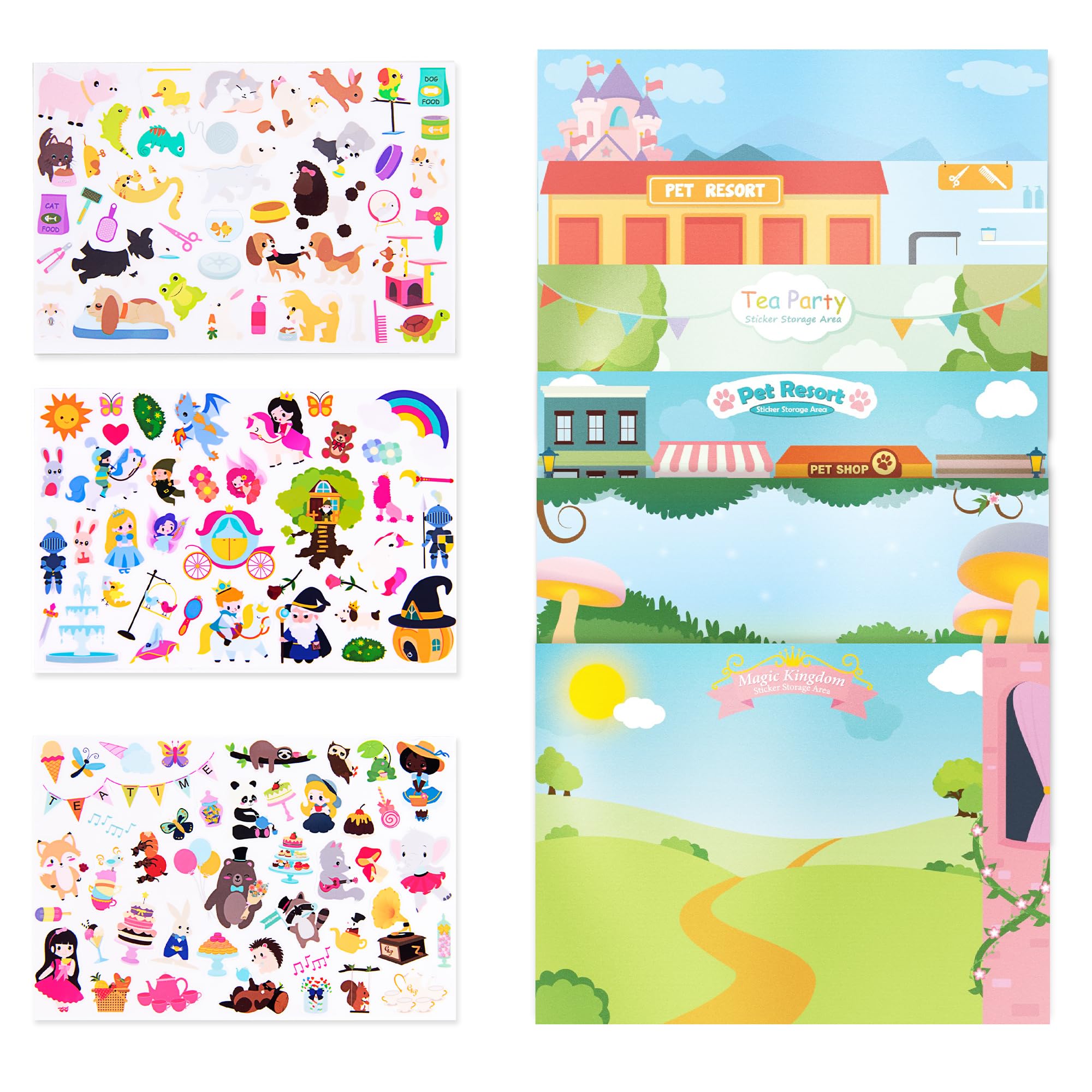 Giggles & Pebbles Magic Sticker Pad Book – 170 Reusable, Washable, Non-Adhesive Stickers for Kids (Magic Kingdom, Tea Party & Pet Resort)