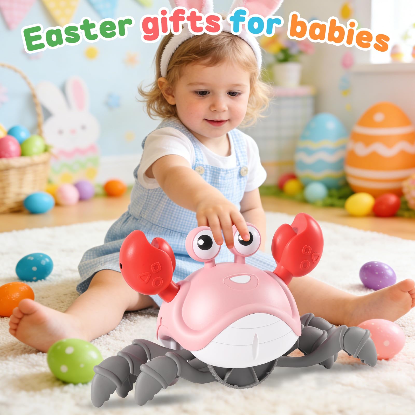 Gigilli Crawling Crab Baby Girl Toy – Tummy Time Toy with Music, Lights & Obstacle Avoidance for 6-18 Month Olds