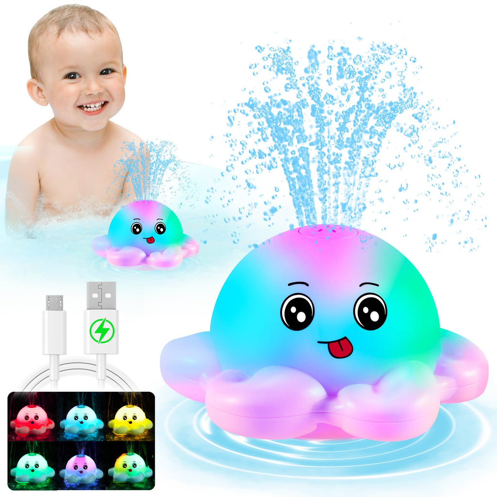 Gigilli Rechargeable Octopus Bath Toy – Light-Up Sprinkler for Toddlers Ages 1-3, 1500mAh Battery, Waterproof Design