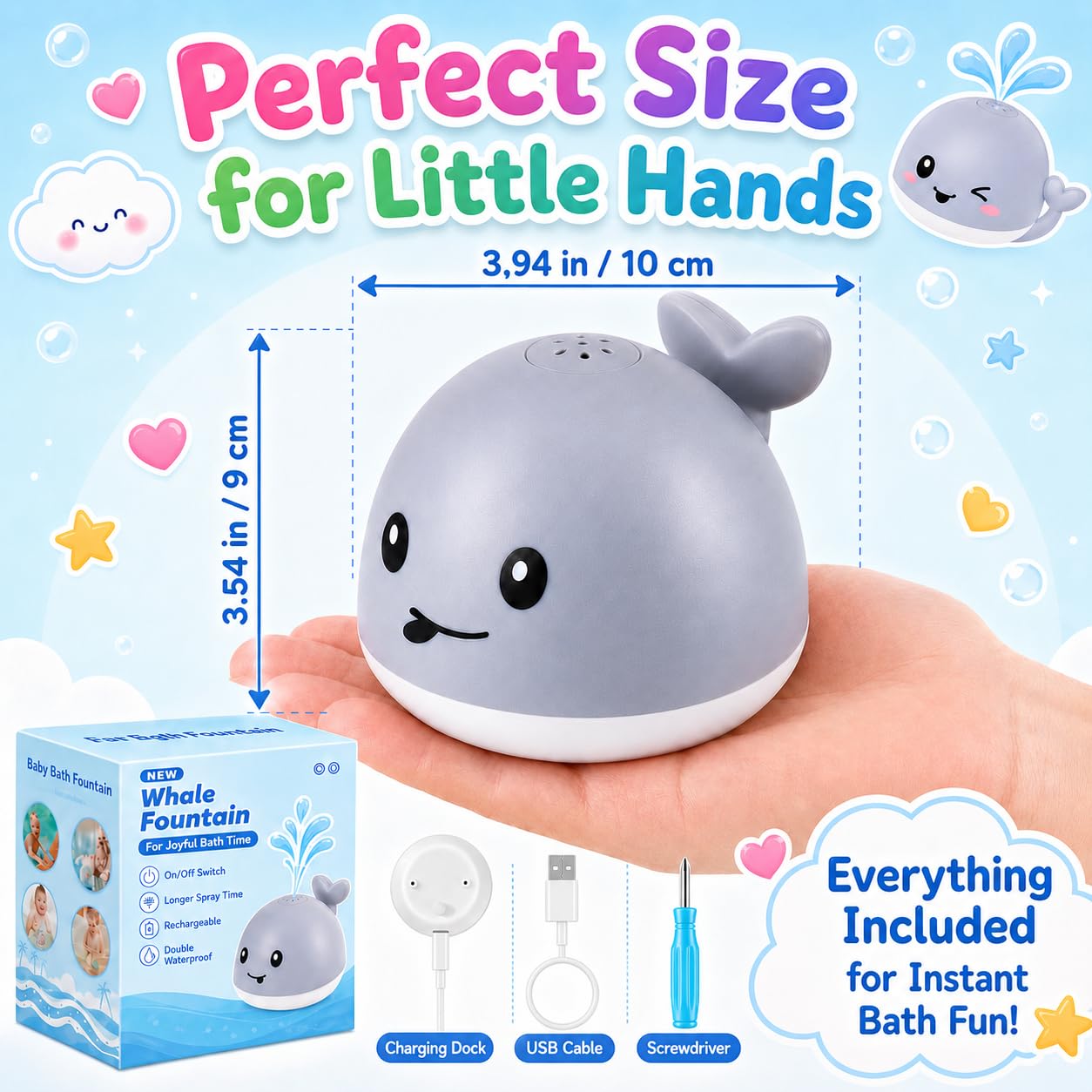 Gigilli Whale Bath Toy: Light-Up Sprinkler for Toddlers with USB Charging and IPX8 Waterproof