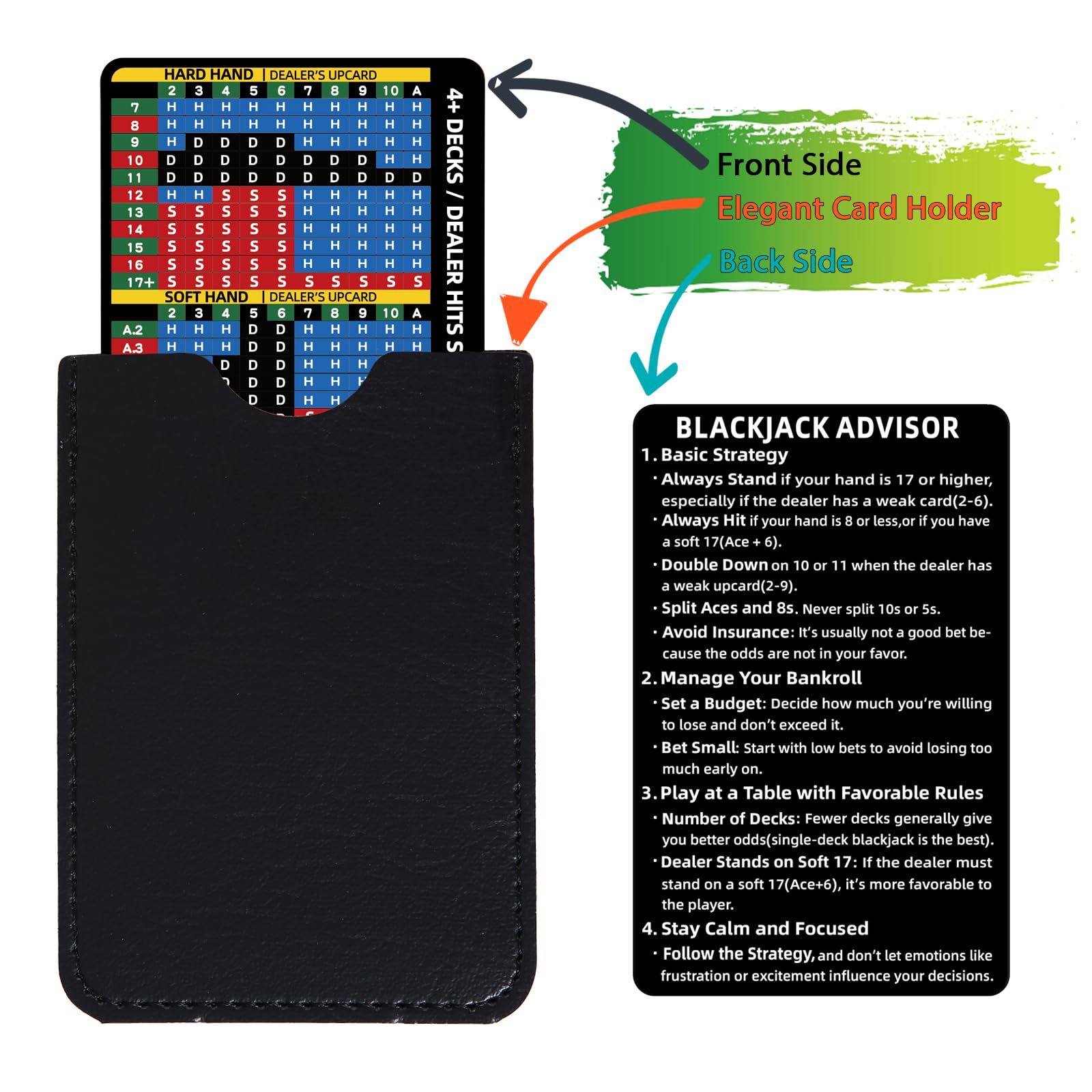 Gimao Stainless Steel Blackjack Strategy Card with Leather Sleeve – Casino-Approved Basic Strategy Reference for 4+ Decks, Soft 17
