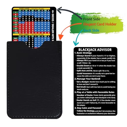 Gimao Stainless Steel Blackjack Strategy Card with Leather Sleeve – Casino-Approved Basic Strategy Reference for 4+ Decks, Soft 17