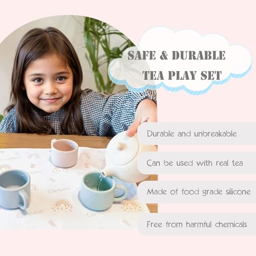 Ginbear Silicone Tea Set for Toddlers 1-3: Unbreakable, BPA-Free Pretend Play with 3 Cups & Cloth Napkin (Beige, Blue, Green, Rosy)