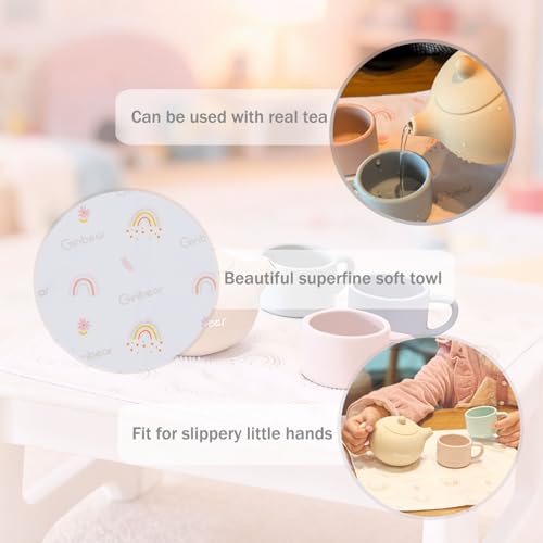 Ginbear Silicone Tea Set for Toddlers 1-3: Unbreakable, BPA-Free Pretend Play with 3 Cups & Cloth Napkin (Beige, Blue, Green, Rosy)