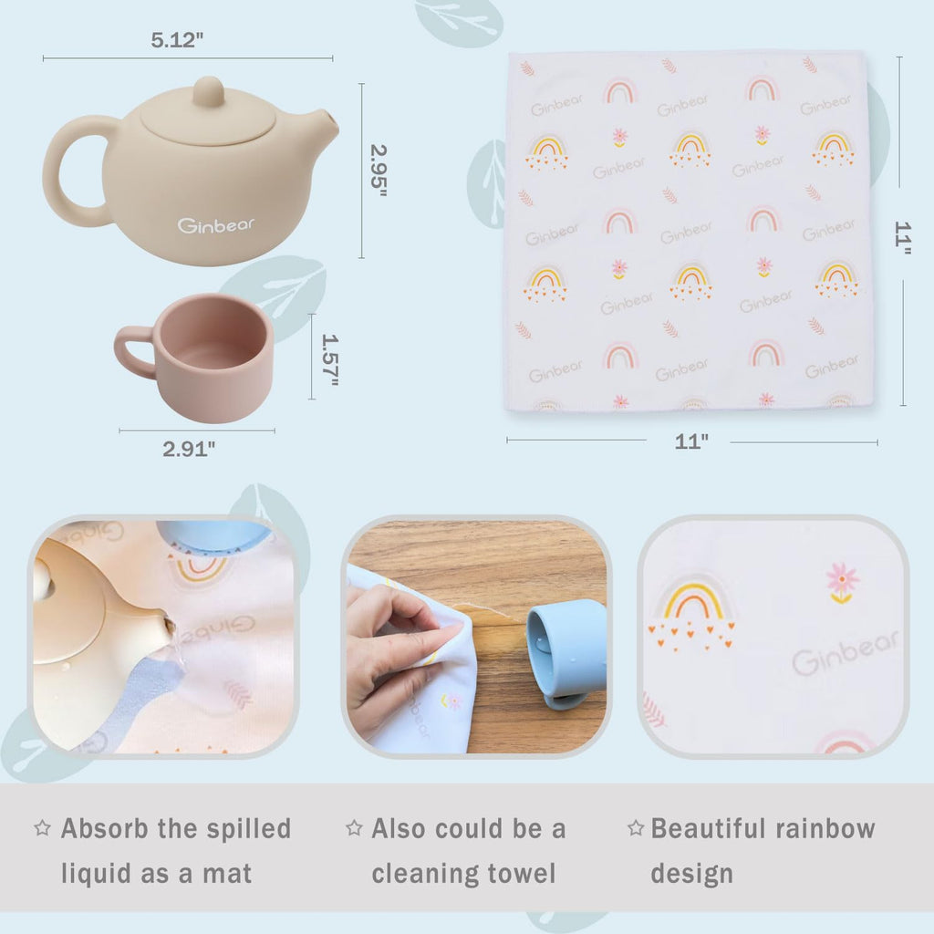 Ginbear Silicone Tea Set for Toddlers 1-3: Unbreakable, BPA-Free Pretend Play with 3 Cups & Cloth Napkin (Beige, Blue, Green, Rosy)