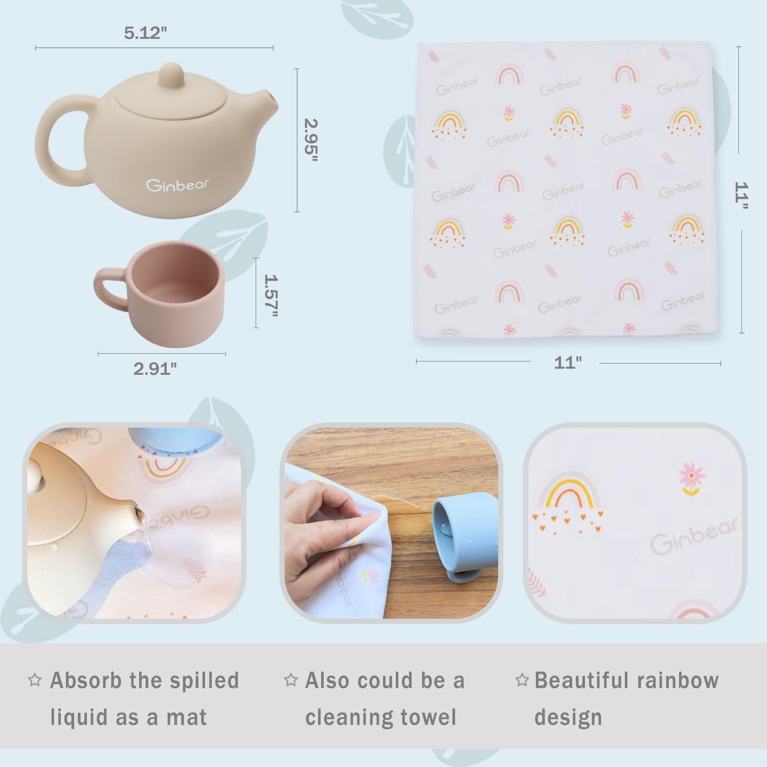 Ginbear Silicone Tea Set for Toddlers 1-3: Unbreakable, BPA-Free Pretend Play with 3 Cups & Cloth Napkin (Beige, Blue, Green, Rosy)