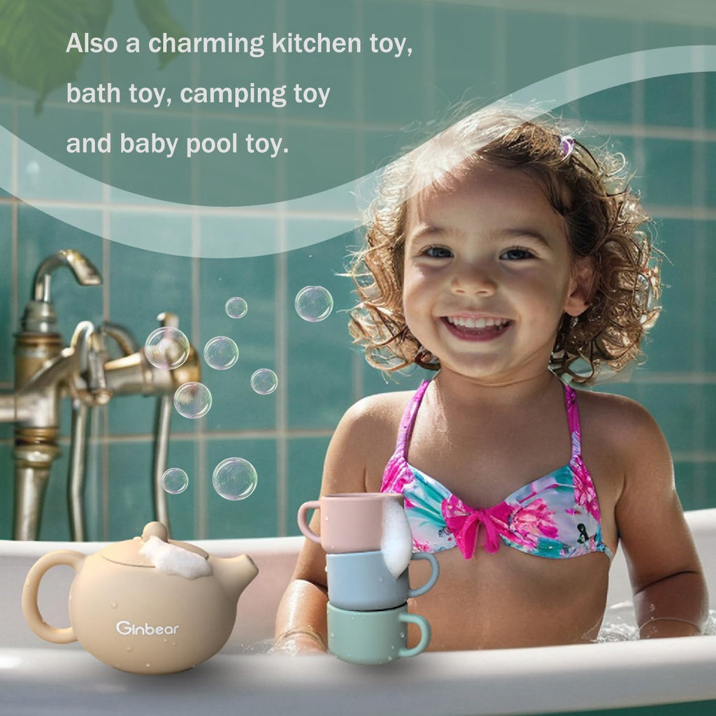 Ginbear Silicone Tea Set for Toddlers 1-3: Unbreakable, BPA-Free Pretend Play with 3 Cups & Cloth Napkin (Beige, Blue, Green, Rosy)