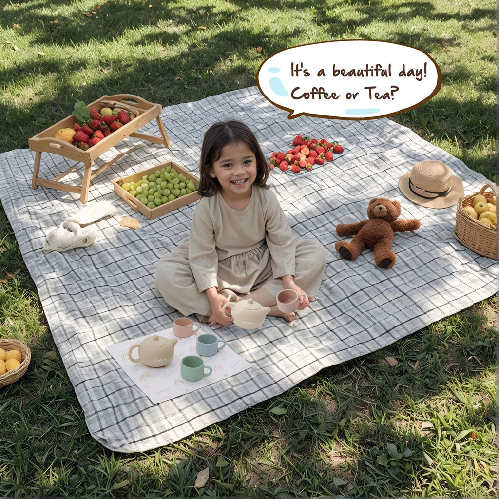 Ginbear Silicone Tea Set for Toddlers 1-3: Unbreakable, BPA-Free Pretend Play with 3 Cups & Cloth Napkin (Beige, Blue, Green, Rosy)