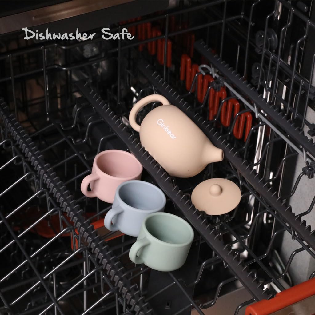 Ginbear Silicone Tea Set for Toddlers 1-3: Unbreakable, BPA-Free Pretend Play with 3 Cups & Cloth Napkin (Beige, Blue, Green, Rosy)