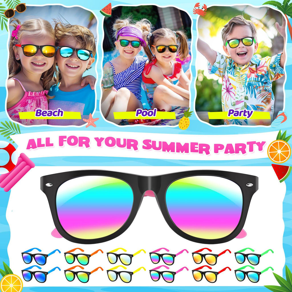 GINMIC 12-Pack Neon Kids Sunglasses with UV400 Protection for Ages 3-8, Party Favors for Birthday, Pool, Beach