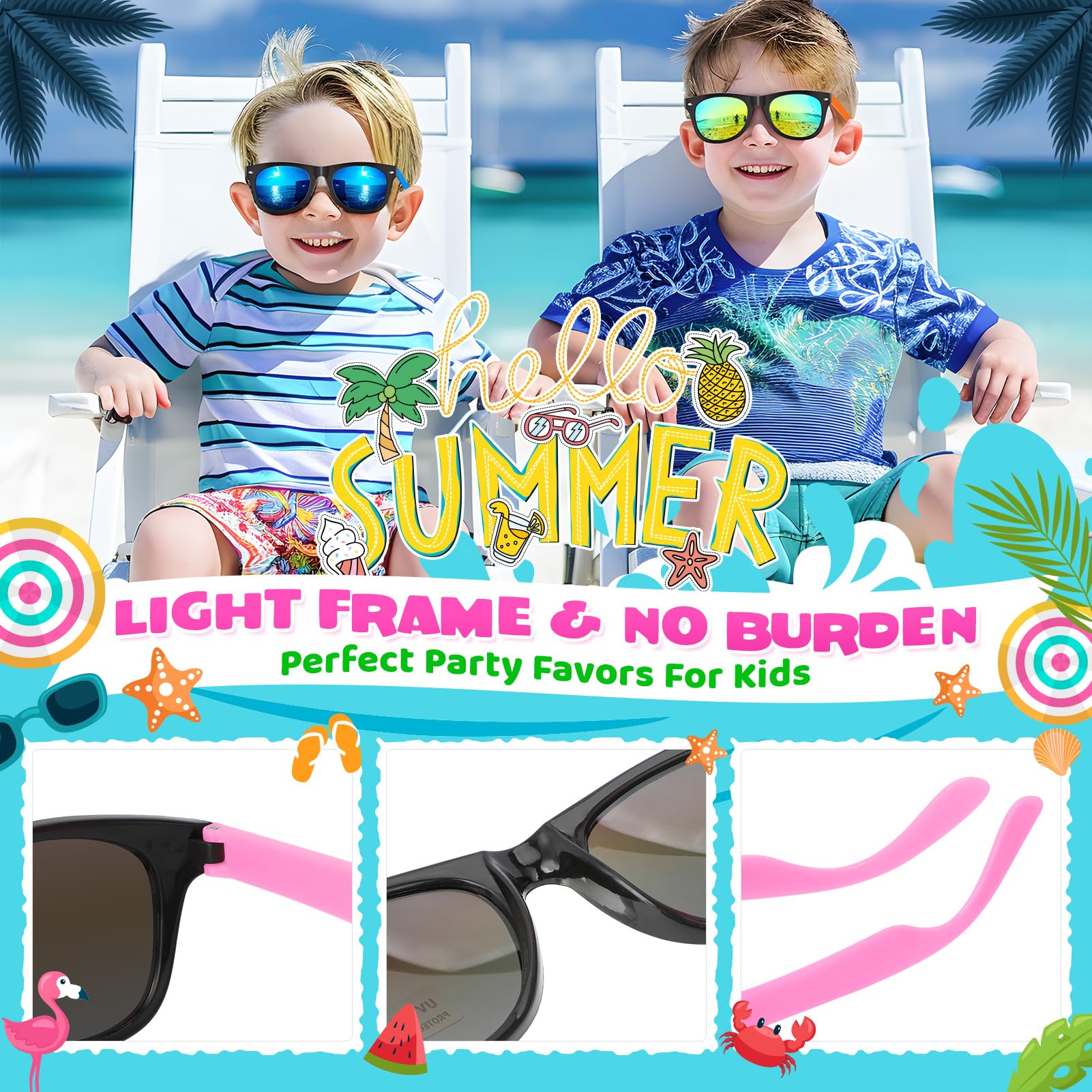 GINMIC 12-Pack Neon Kids Sunglasses with UV400 Protection for Ages 3-8, Party Favors for Birthday, Pool, Beach
