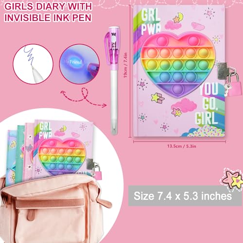 GINMLYDA Pop Fidget Heart Diary with Lock and Invisible Ink Pen - 160 Lined Pages, 7.5x5.4 Inches - Secret Journal for Girls Ages 6-12