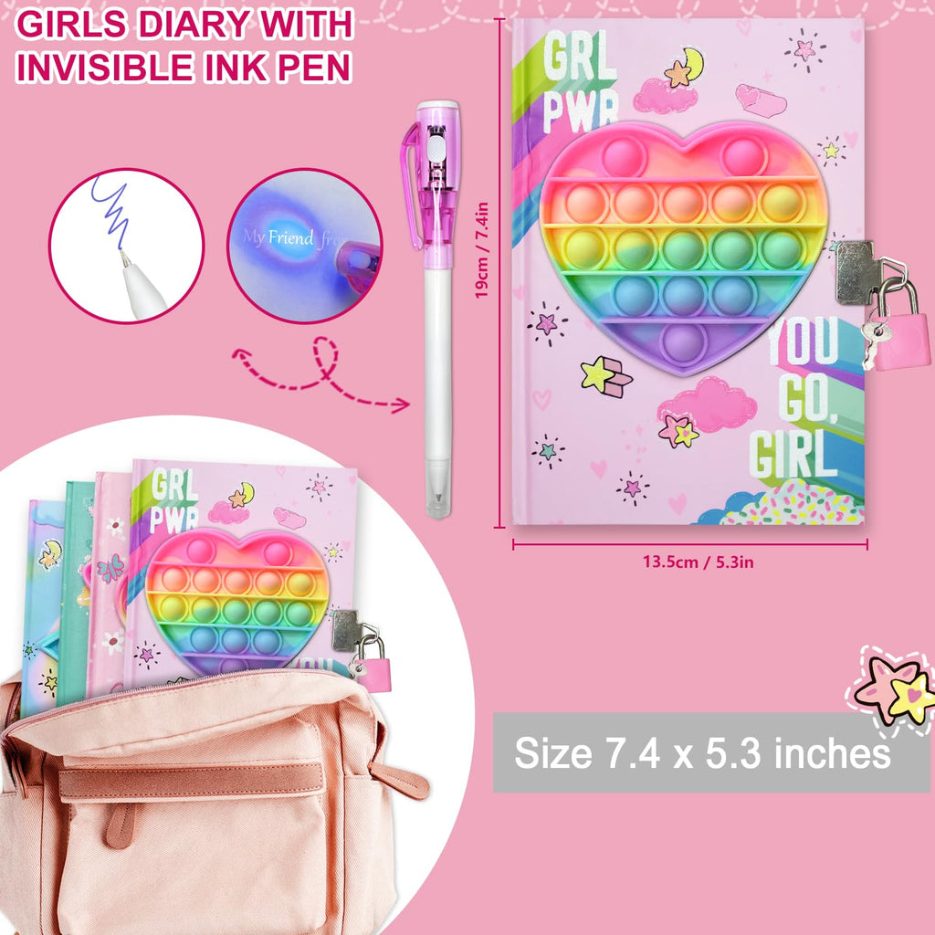 GINMLYDA Pop Fidget Heart Diary with Lock and Invisible Ink Pen - 160 Lined Pages, 7.5x5.4 Inches - Secret Journal for Girls Ages 6-12