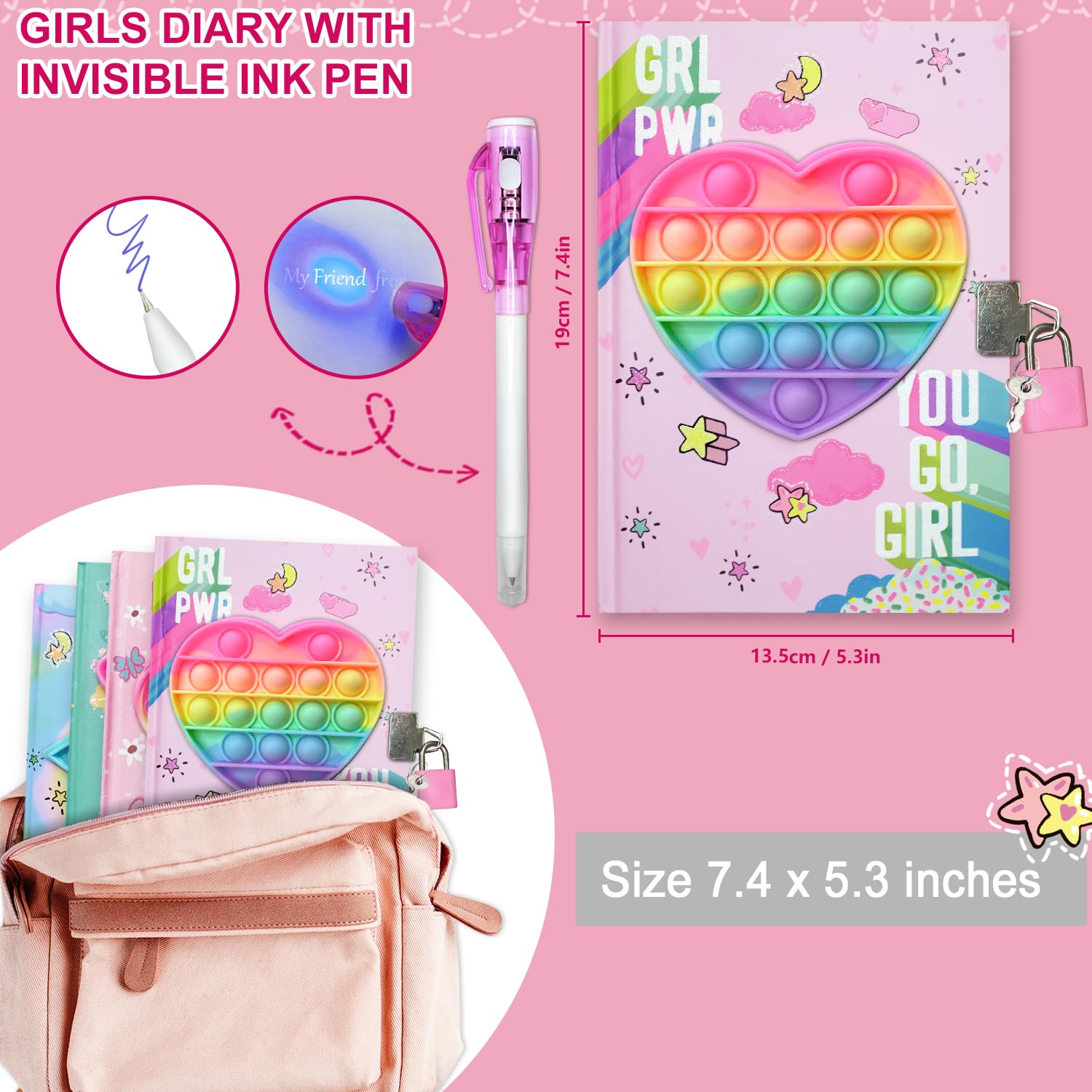 GINMLYDA Pop Fidget Heart Diary with Lock and Invisible Ink Pen - 160 Lined Pages, 7.5x5.4 Inches - Secret Journal for Girls Ages 6-12