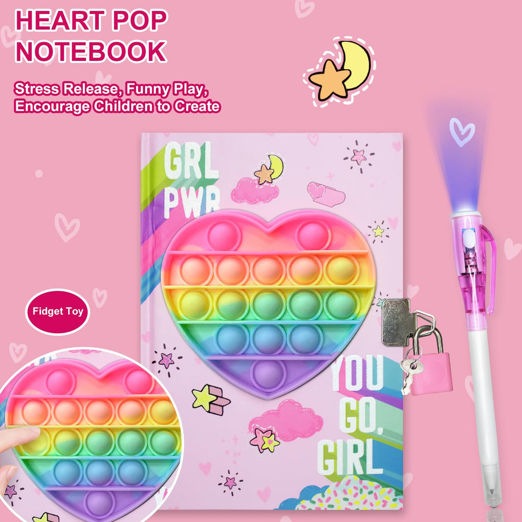GINMLYDA Pop Fidget Heart Diary with Lock and Invisible Ink Pen - 160 Lined Pages, 7.5x5.4 Inches - Secret Journal for Girls Ages 6-12
