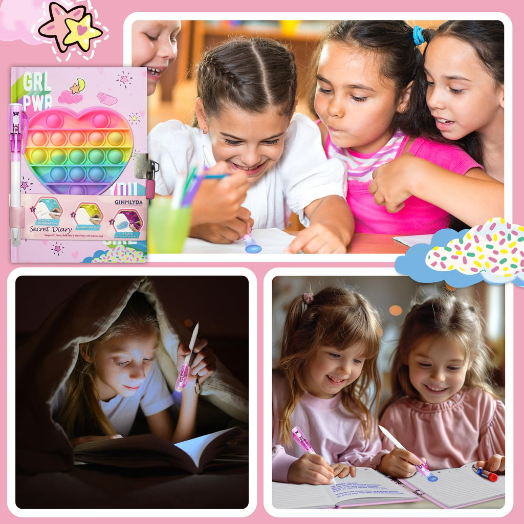 GINMLYDA Pop Fidget Heart Diary with Lock and Invisible Ink Pen - 160 Lined Pages, 7.5x5.4 Inches - Secret Journal for Girls Ages 6-12